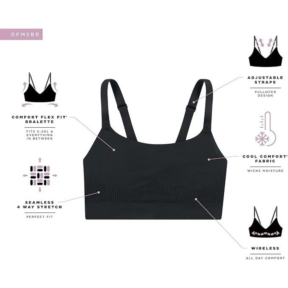 Large Bali DFMSBR Modern Seamless Wireless Pullover Comfort Bralette Black - Picture 4 of 5